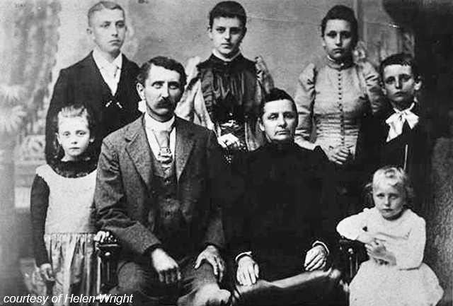 Alfred & Mary Schnieder Connaroe Family (ca 1882) [back: Alfred J., Lizzie, Clara, Henry; front: Margaret, Alfred C., Mary (Carmelita), Harold]